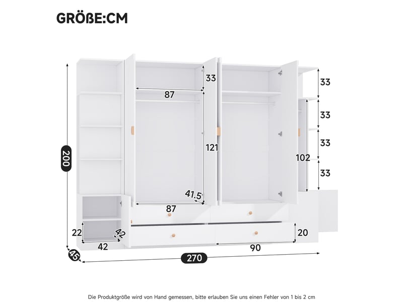 Armoire 6 portes avec 4 tiroirs et 4 penderies, rangement pour chambre en mdf, bois et acier blanc 270 × 45 × 200 cm - Conforama C