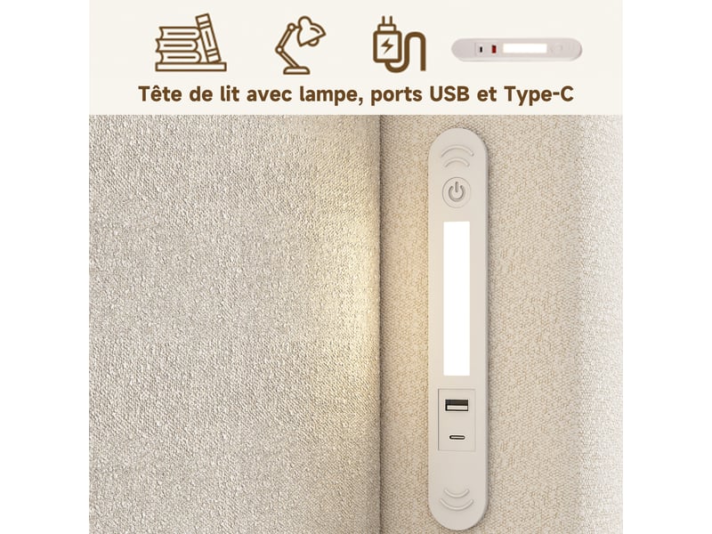  Lit coffre enfant 90 x 200 cm avec rangement hydraulique, sommier à lattes, tête de lit rembourrée, led et usb-c, tissu bouclé - beige OMNIGLINT TRADING LTD - Conforama E
