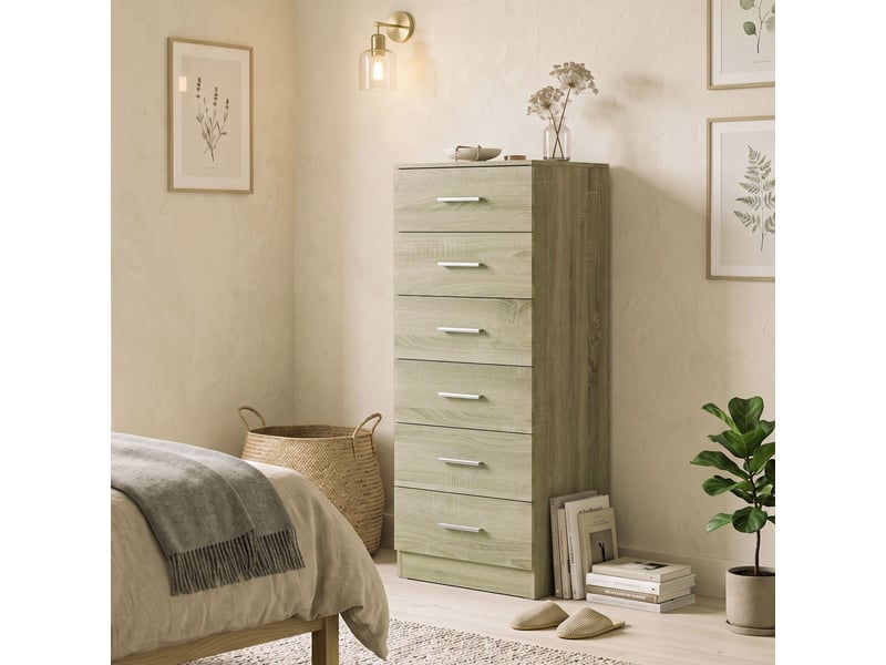  Commode à 6 tiroirs, meuble de rangement, style moderne, pour chambre, couloir, entrée, 40 x 40 x 110 cm, chêne  - Conforama C