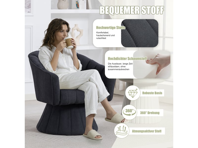  Fauteuil pivotant ergonomique - 360° - rembourrage épais - dossier enveloppant - velours côtelé Gris foncé - Conforama D