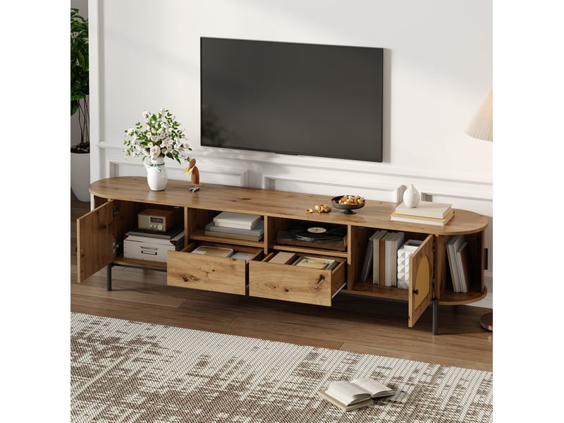  Meuble tv modenvie ovale 200 x 40 x 49,5 cm en mdf naturel avec portes en rotin  - Conforama D