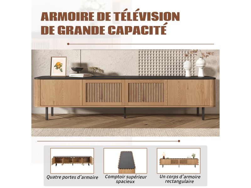  Meuble tv 190x35x45 cm, design unique moderne, panneau tv bas, grand rangement, lowboard moderne, mdf et pb pour salon - chêne  - Conforama D