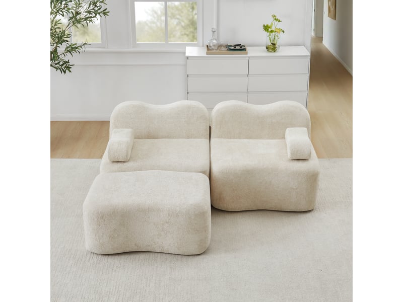  Canapé d'angle modulaire 2 à 4 places avec assise profonde, pouf et accoudoirs ergonomiques, en velours beige  - Conforama B