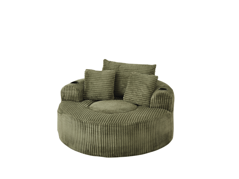 Fauteuil pouf rond 1 place avec 3 coussins amovibles, 2 porte-gobelets et poches latérales en velours côtelé vert - Conforama A