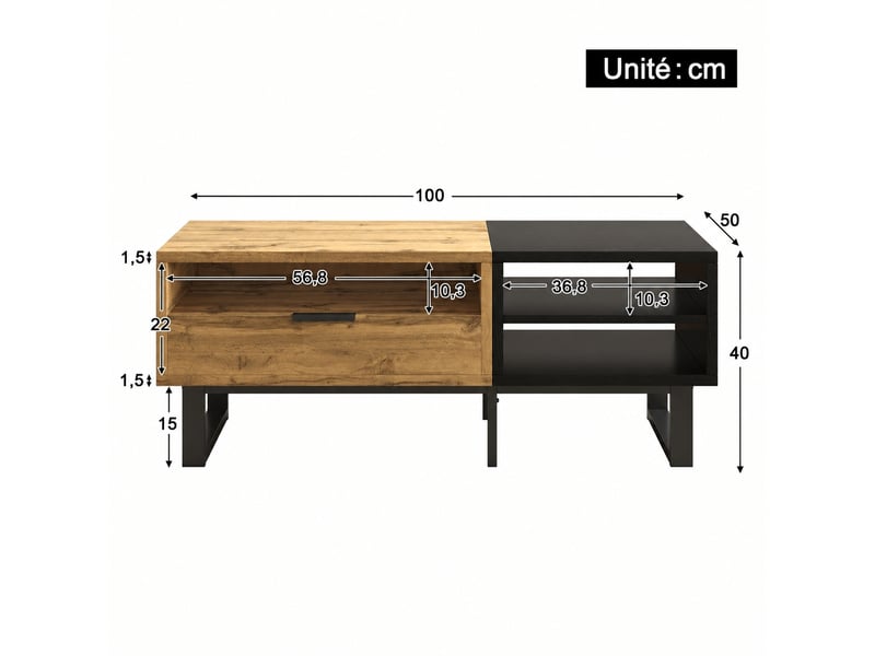  Table basse noire et bois avec 3 niches ouvertes, 1 tiroir et pieds en métal  - Conforama C