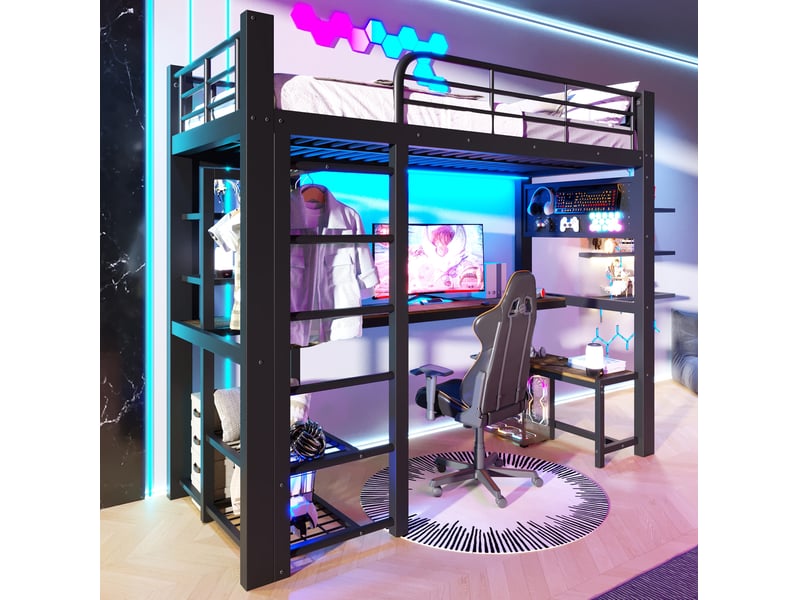  Lit mezzanine modenvie 90 x 200 cm en métal avec bureau, led, étagères, tringle de séchage, noir  - Conforama E