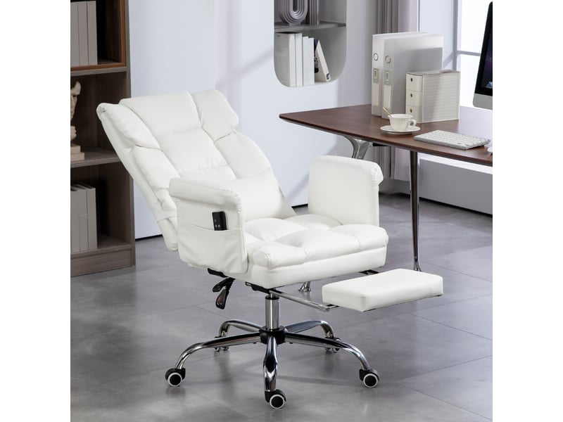  Chaise de bureau avec massage, similicuir blanc et repose-pieds rétractable  - Conforama D