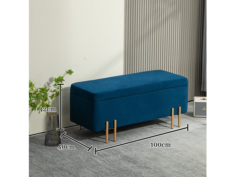  Banc de rangement 100 x 40 x 42 cm bleu foncé, polyester doux et mousse de 4 cm, structure bois et métal  - Conforama C