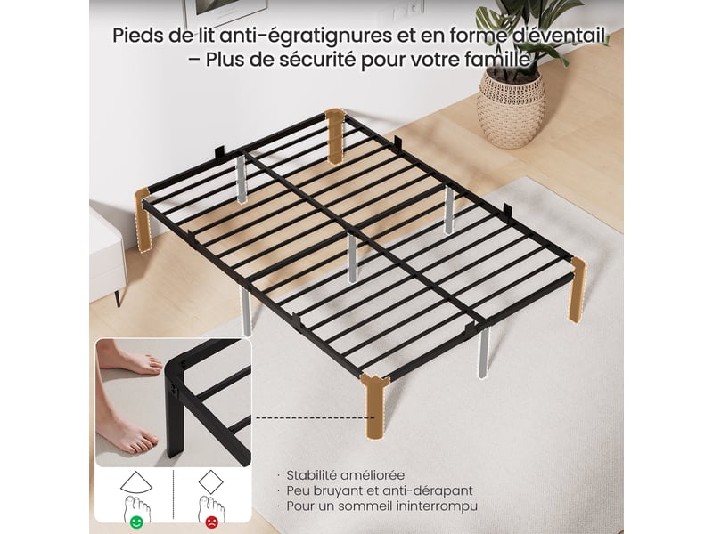  Cadre de lit 160x200 cm métallique avec sommier à lattes, lit double, structure renforcée et résistante aux rayures, grand espace de rangement, design minimaliste, montage facile, noir  - Conforama C
