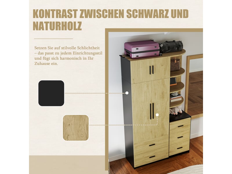 Armoire à vêtements 2 portes avec tringle, 5 tiroirs et rangements ouverts, meuble de chambre, bois naturel et noir - Conforama R