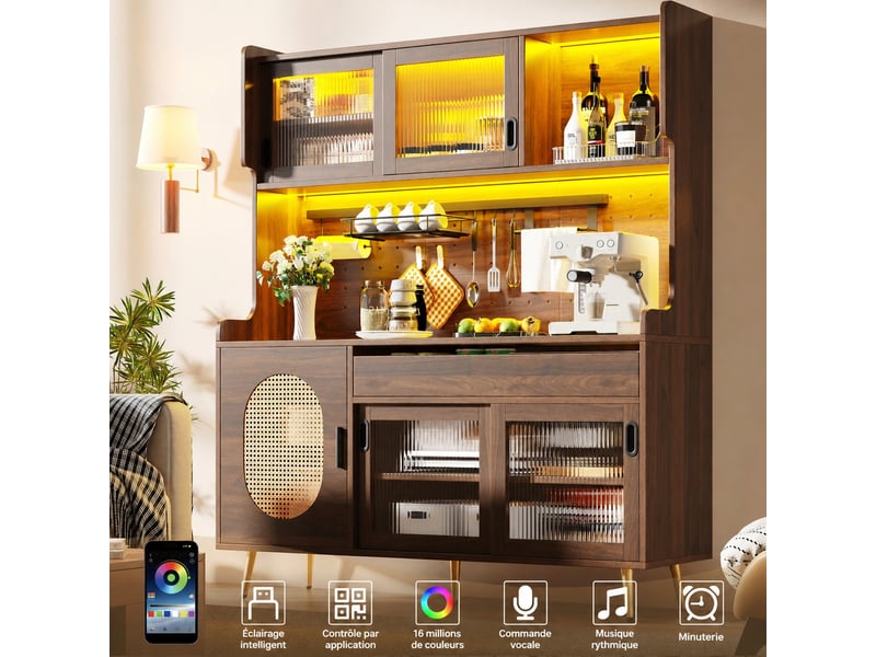  Meuble de cuisine muvano, buffet de cuisine 5 portes en mdf marron avec led, 145 × 39 × 171 cm  - Conforama B