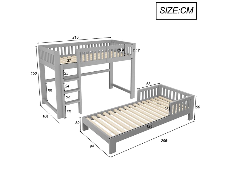  Lit mezzanine enfant modulable 90x200 cm gris mat avec lit simple, sommiers inclus et barrières, sans matelas  - Conforama C