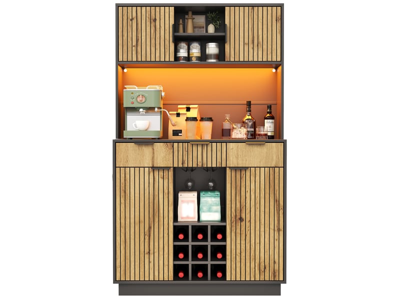  Armoire de cuisine meuble bar 105x40x180 cm - led et prises - 3 tiroirs - range-bouteilles - mdf - noir et bois naturel  - Conforama A