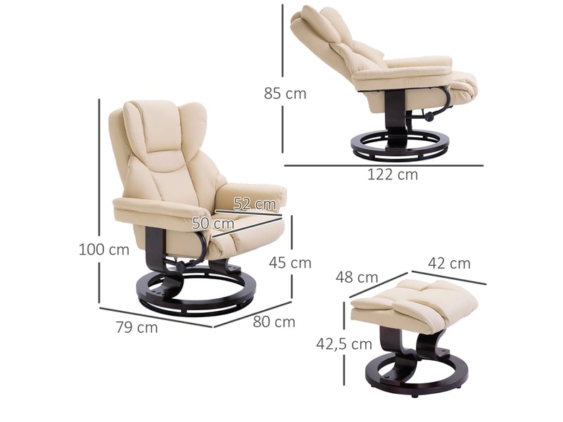  Fauteuil inclinable avec repose-pieds, fonction inclinable, pivotant, jusqu'à 160 kg, similicuir, structure en métal, crème, 80 x 79 x 100 cm  - Conforama E