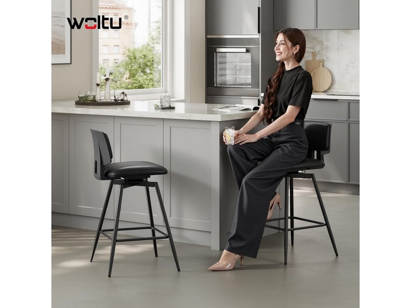  Lot de 2 tabourets bar pivotantes à 360°, structure métallique, en similicuir brillant, noir  - Conforama B