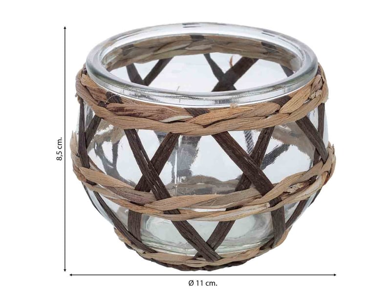  Bougeoir en verre recouvert de fibres naturelles marron, d11x8,5h cm  - Conforama C