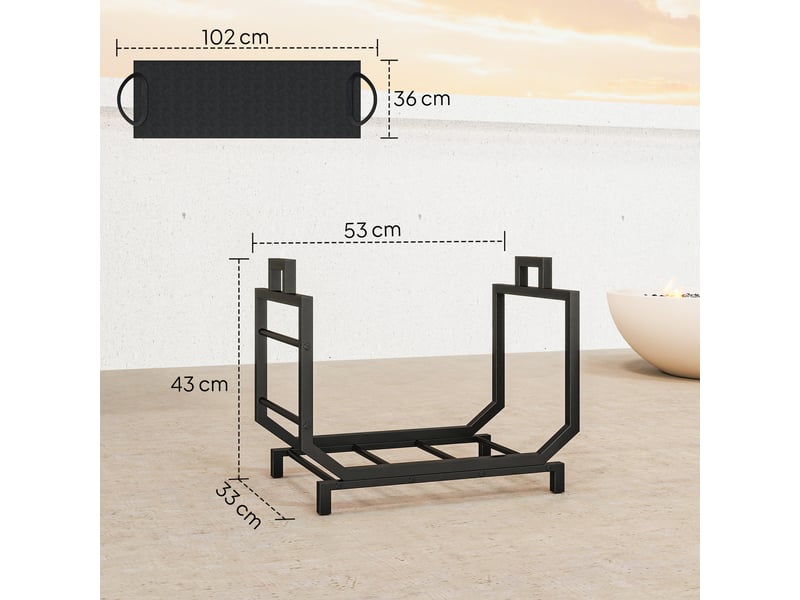  Porte-bûches intérieur avec sac amovible, cadre en métal noir, charge 50 kg  - Conforama E