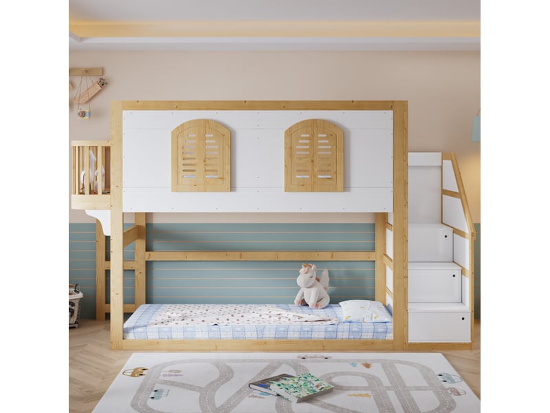  Lit mezzanine enfant 90x200 cm avec escalier de rangement et espace de jeu, bois et mdf, blanc et naturel sans matelas  - Conforama D