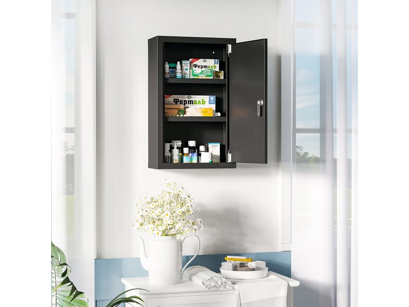  Armoire à pharmacie à 3 étagères avec serrure à clés, en acier, 30 x 14 x 46 cm, noire  - Conforama C