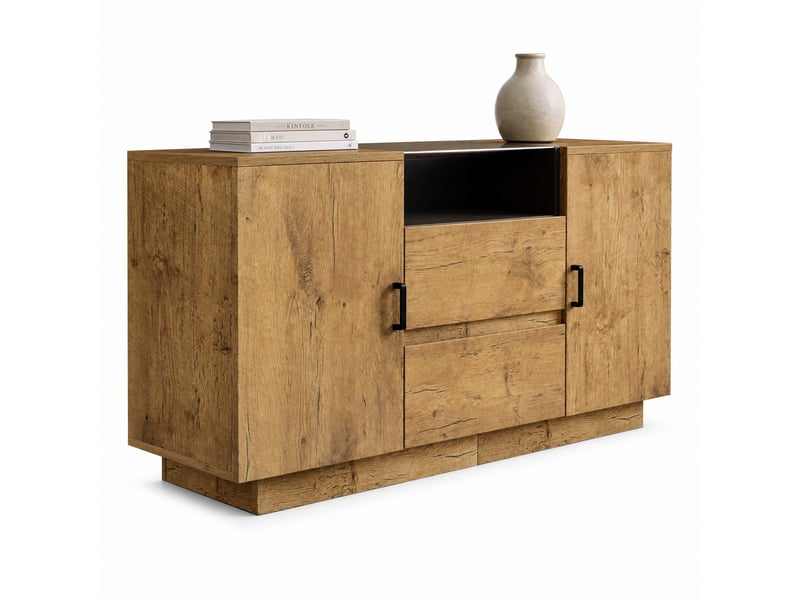  Commode 2 portes, 2 tiroirs et niche avec étagères réglables pour salon 140×40×70 cm chêne clair  - Conforama A
