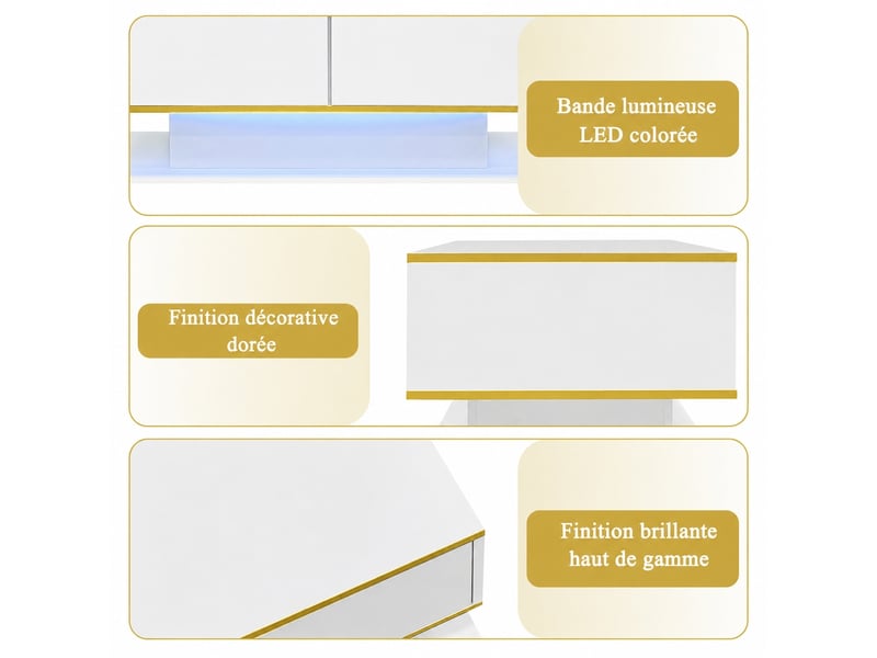  Table basse blanche et dorée brillante avec tiroirs et éclairage led, 100 cm  - Conforama E
