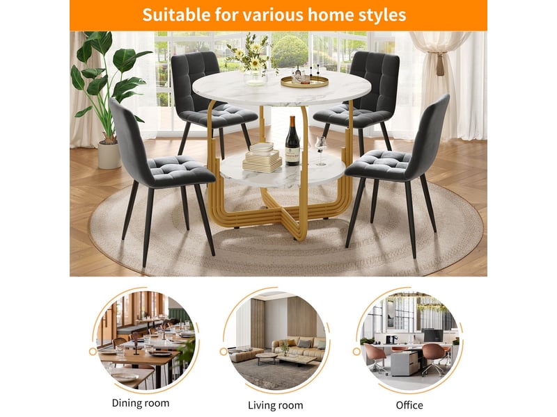  Table de cuisine 80x80, plateau marbre mdf table à manger, rangement intégré, pieds réglables  - Conforama E