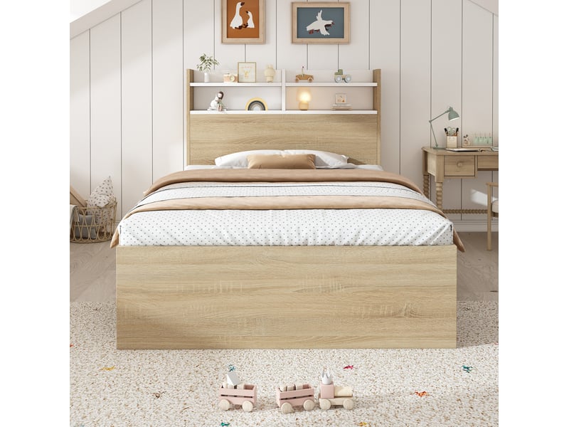  Lit enfant 90x200 cm tête avec rangement, 2 tiroirs et cases, panneau de particules et bois, blanc chêne, sans matelas  - Conforama B