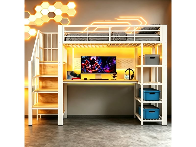 Lit mezzanine 90x200 cm, lit enfant, bureau, panneau perforé, barrière antichute, led, bois et métal blanc - Conforama W