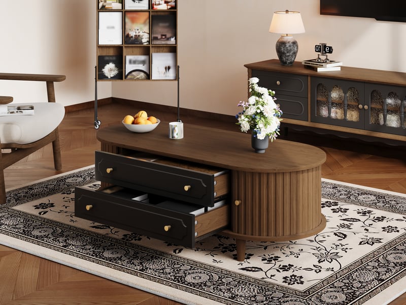  Table basse salon 100 x 50 x 36 cm noyer noir panneau particules 2 tiroirs 2 portes à rideau 4 pieds rangement evarich - Conforama E
