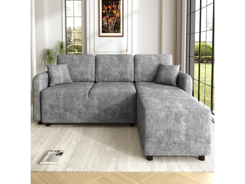  Canapé d'angle 3 places en tissu chenille, méridienne 144 cm, mousse haute densité, 2 coussins inclus, 150 kg  - Conforama R