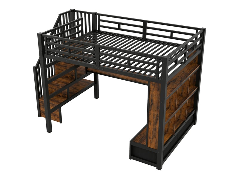  Lit mezzanine en métal 140x200 avec bureau et étagères, deux tiroirs intégrés, escalier avec espace de rangement, noir  - Conforama E