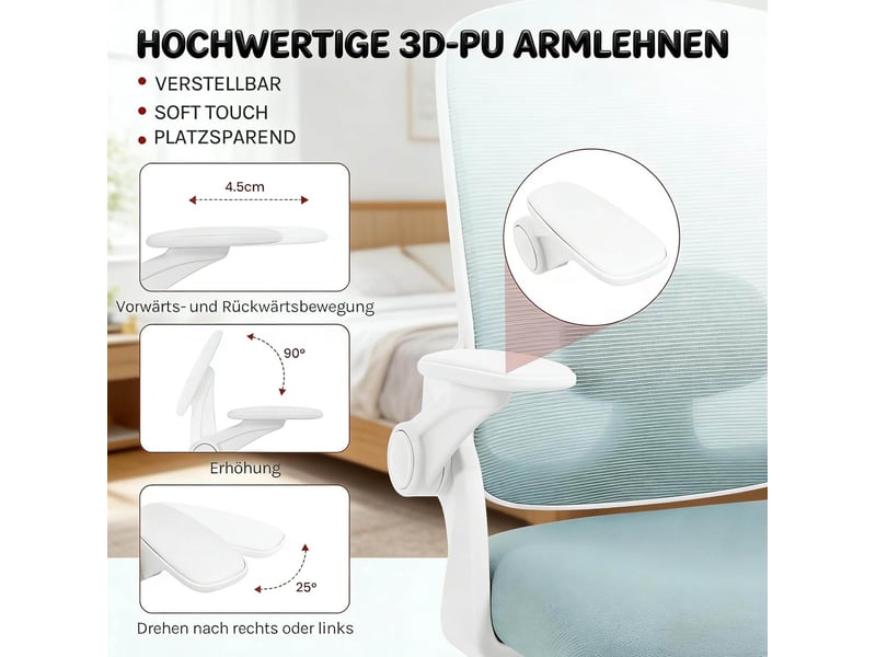  Chaise de bureau ergonomique 63,5 x 47 cm – bleue – appui-tête réglable, accoudoirs 3d et bascule  - Conforama E