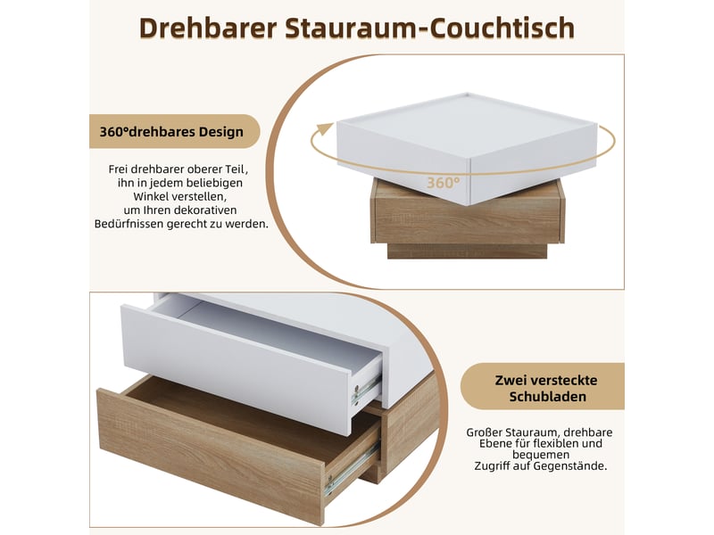  Table basse carrée avec 2 tiroirs et plateau pivotant à 360° en panneaux de particules pour salon 60×60×38 cm  - Conforama E