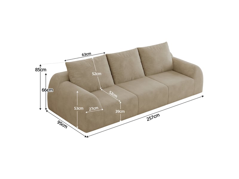  Canapé compressé 3 places, 257 x 95 x 85 cm, mousse haute élasticité, sans montage, tissu chenille, kaki  - Conforama C