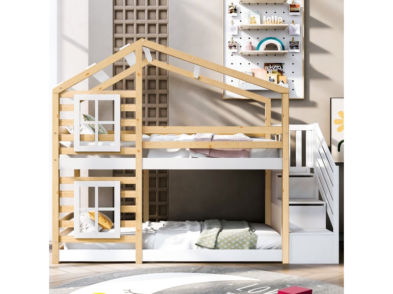  Modenvie lit superposé enfant cabane 90x200 cm - avec rangement intégré, sans matelas - blanc et naturel  - Conforama D