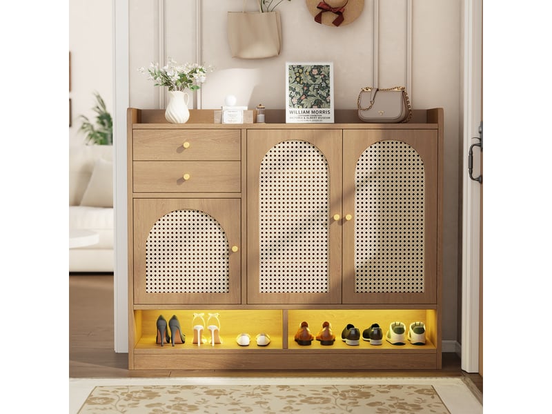  Meuble à chaussures 3 portes rotin, 2 tiroirs et éclairage led, commode avec étagère ouverte, rangement entrée, aspect bois, 120x35x100 cm  - Conforama E