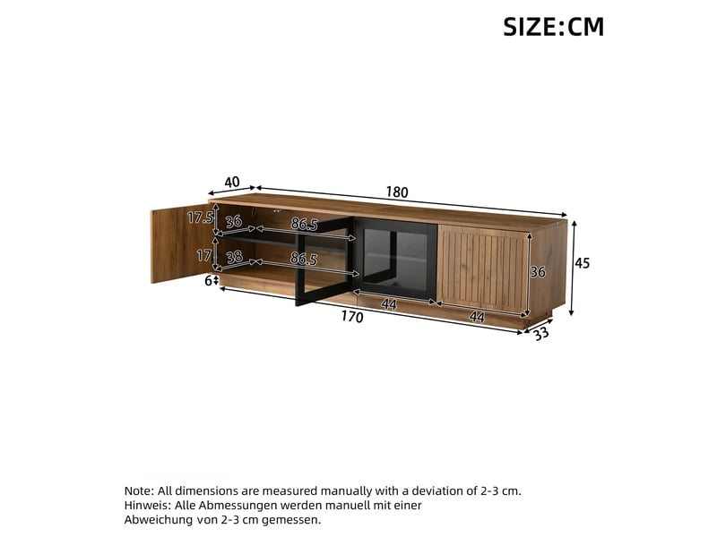  Meuble tv avec 4 portes vitrées, 3 niveaux de rangement et éclairage led pour salon, naturel et noir, 180 × 40 × 45 cm  - Conforama E
