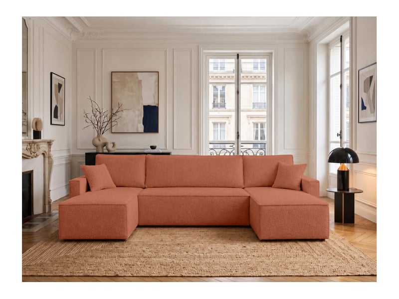  Farah - canapé d'angle panoramique convertible 6 places accoudoirs slim en tissu bouclettes généreuses  - Conforama B