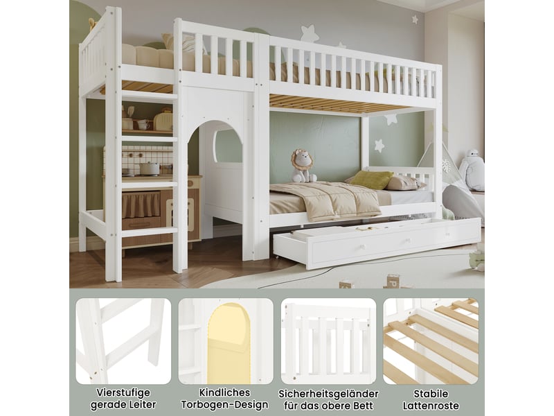  Lit superposé enfant 2 places 90×200 cm, échelle et barrières  - sans matelas, pin mdf blanc naturel  - Conforama E