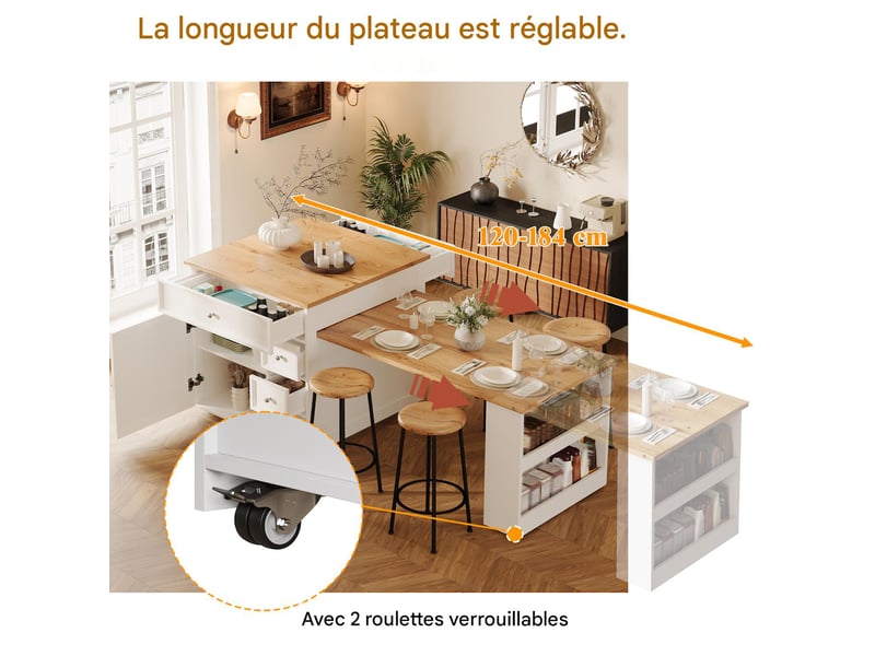  Îlot de cuisine extensible avec tiroirs mdf blanc 120-184x70x94 cm - pangivo  - Conforama D