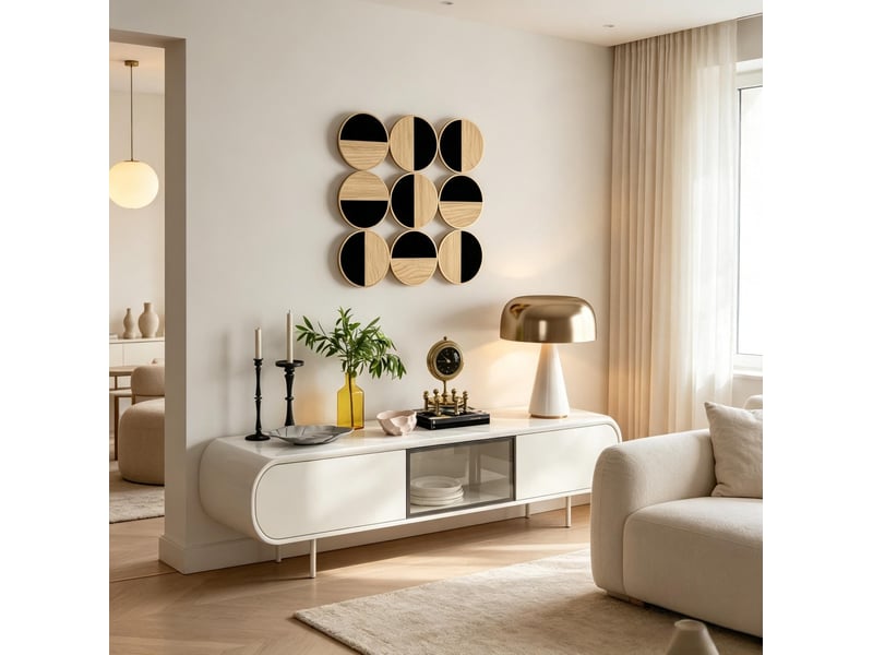 Décoration murale 3d en métal, mdf et miroir, 60 x 60 cm, design géométrique noir et bois clair - Conforama E