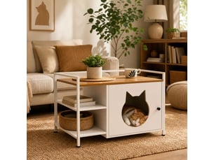 Meuble cache-litière félin avec table d'appoint 76x54x59 cm – blanc et chêne clair – 2 étagères ouvertes