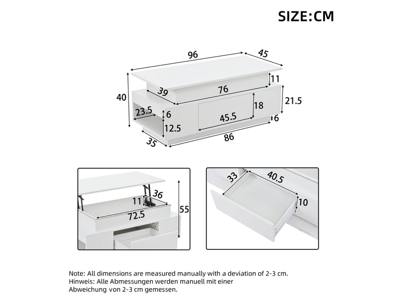  Table basse relevable avec 1 tiroir, niches ouvertes et rangement intégré, led, pour salon, 96 × 45 × 40 cm, blanc  - Conforama D