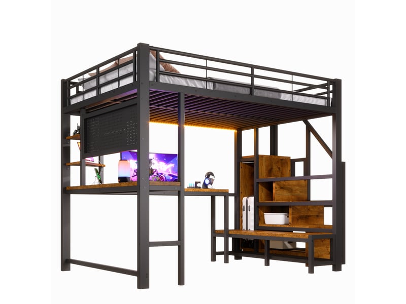  Lit mezzanine 140x200 cm – avec bureau rangement led usb et échelle – métal et mdf – noir CozyNest - Conforama A