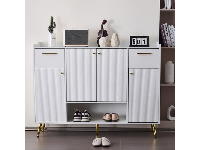 Meuble à chaussures 2 tiroirs et 4 portes, design moderne avec pieds métal, blanc - 130x37x100 cm - Conforama D