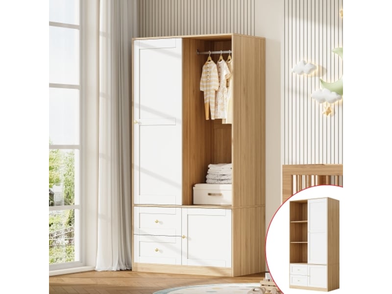 Armoire coulissante autoportante 90x50x180 cm – penderie semi-ouverte, bois et blanc, 2 tiroirs - Conforama C