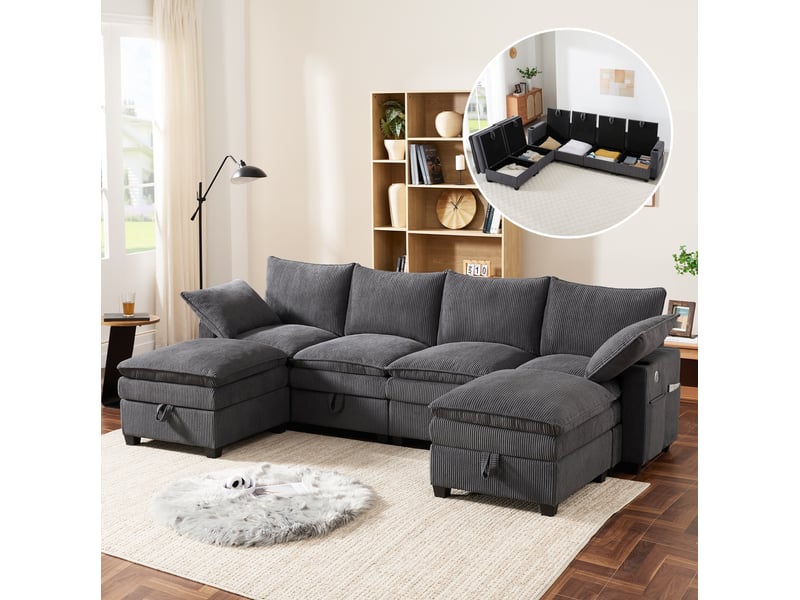  Canapé d'angle modulable 6 places en velours côtelé gris avec rangement, usb et porte-gobelets pour salon  - Conforama D