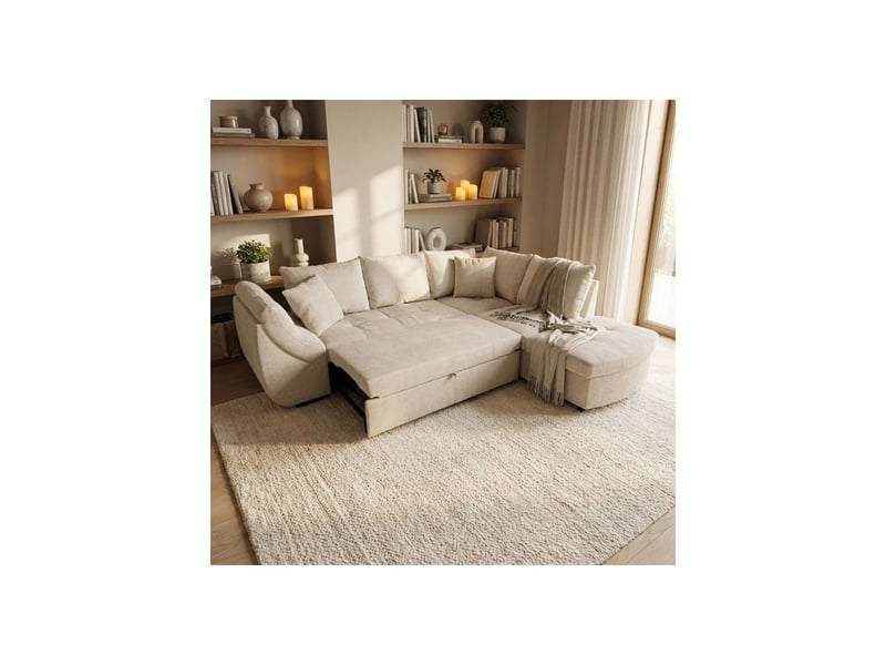  Canapã d angle reversible convertible calvin tissu chenille perle 4 a 5 places coffre CALVINB004952 - Conforama C