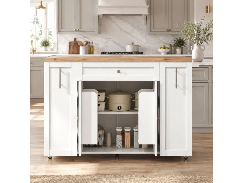  Îlot de cuisine mobile 120x70x87 cm avec plateau rabattable et rangements, blanc et naturel  - Conforama B