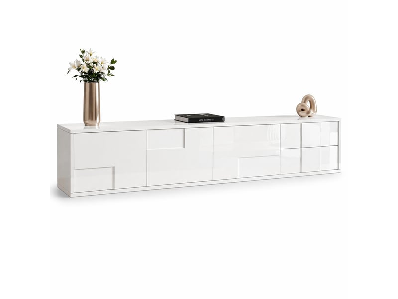  Meuble tv bas blanc brillant 170 cm – 3 portes et 2 tiroirs – à poser ou mural  - Conforama A